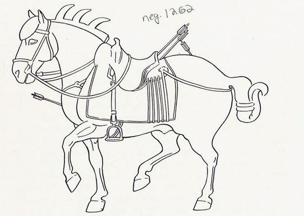 Drawing of a relief of a horse with arrow wounds