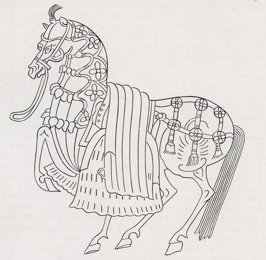 Drawing of a relief of very adorned horse with blankets and ornments
