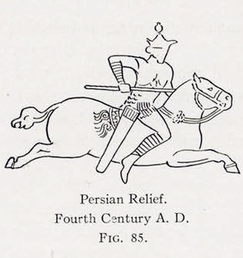 Drawing of a Persian relief of a galloping horse and rider, armored for battle
