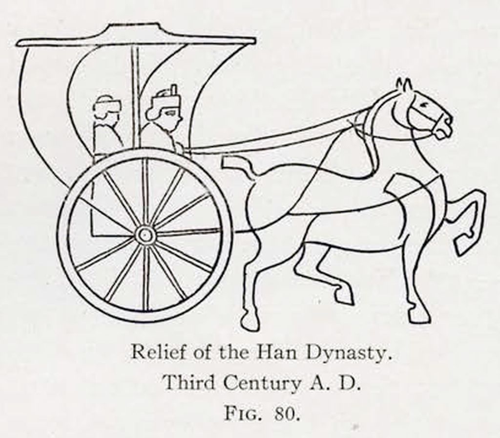 Drawing of a relief of a horse pulling a covered chariot with two passengers