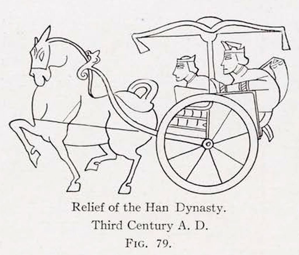 Drawing of a relief of a horse pulling a covered chariot with two passengers
