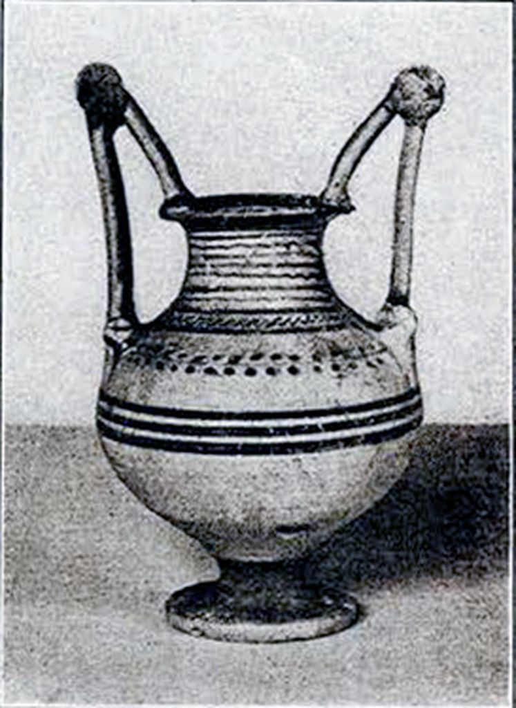 A ceramic Krater with two handles that rise vertically to above the lip