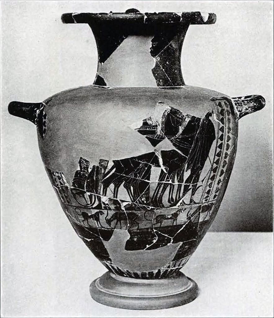Black figure Hydria with a chariot pulled by four horses lead by Hermes and various animals