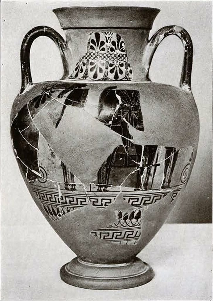 Black figure amphora depicting chariot pulled by four horses