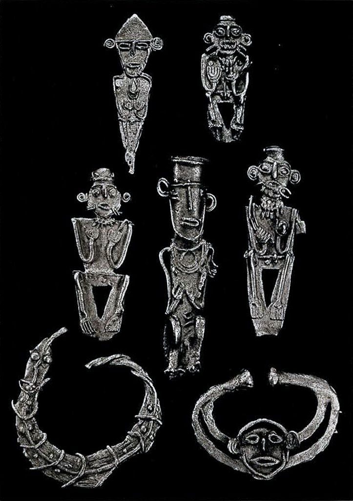 A group of gold objects and nose ornaments, mostly depicting human forms