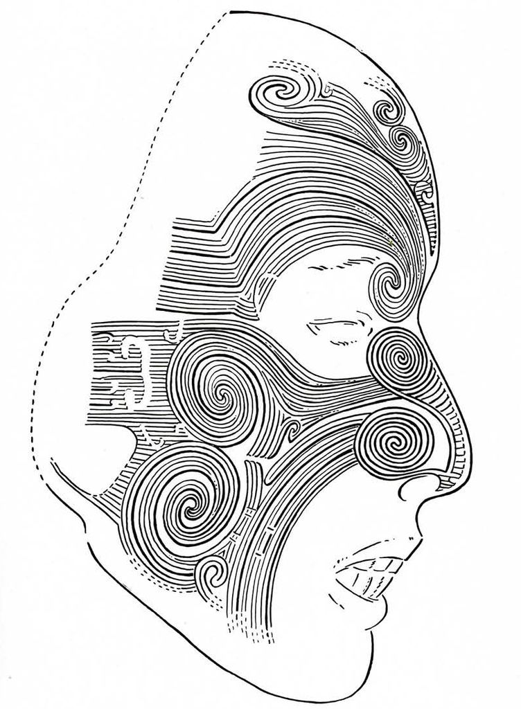 The designs of the skin of a Maori Moko in profile