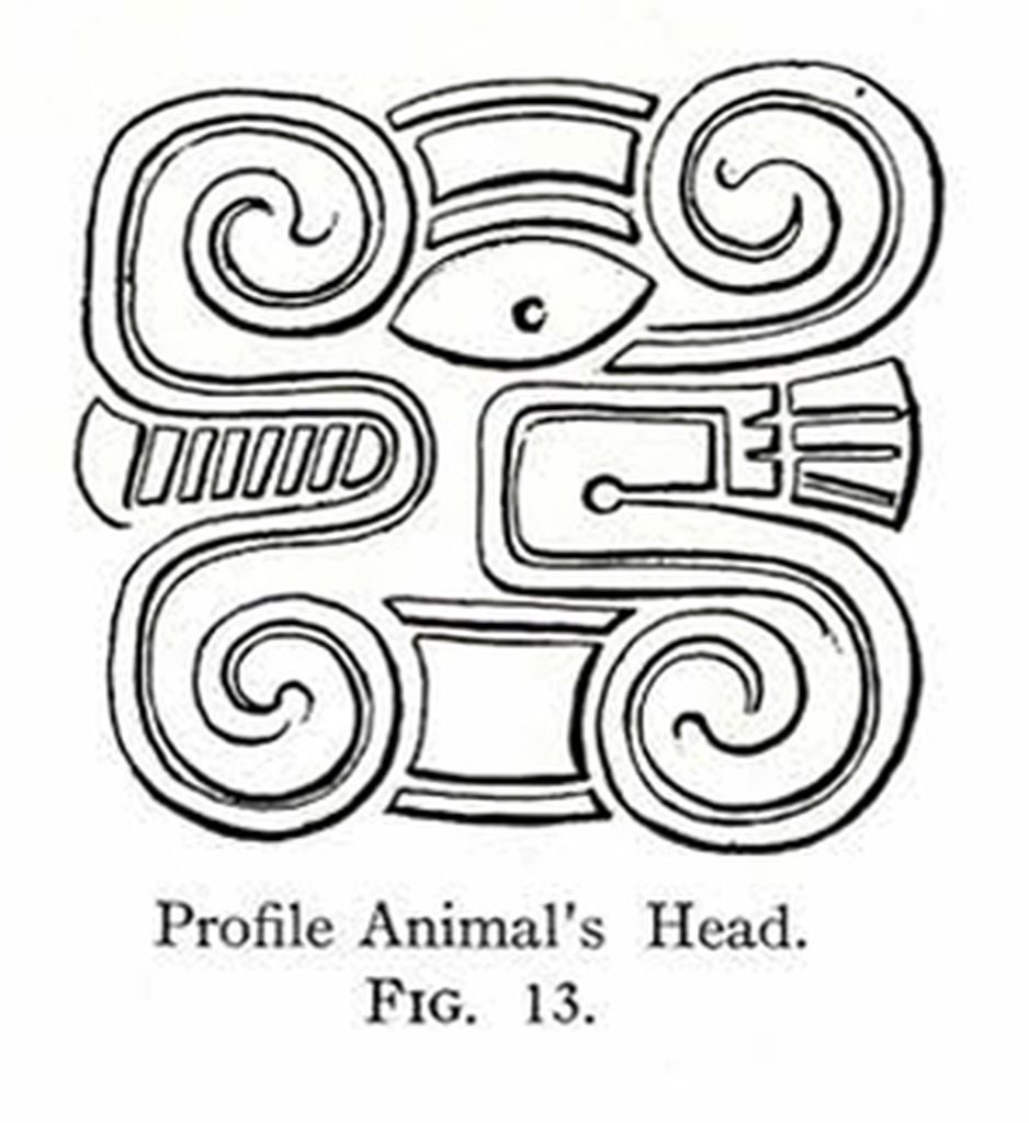 Drawing of a design showing a stylized animal's head in profile