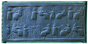 A "banquet" scene on an impression of a lapis cylinder seal from Queen Pu-abi's tomb
