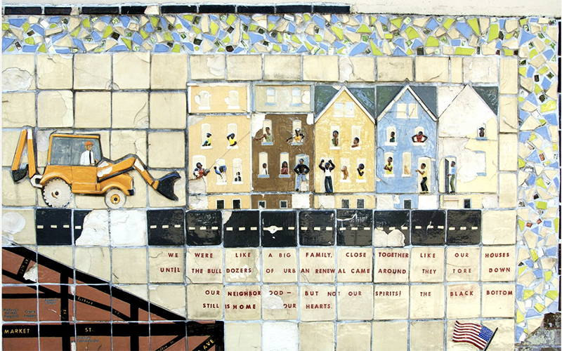 A mosaic of a bulldozer tearing down a neighborhood.