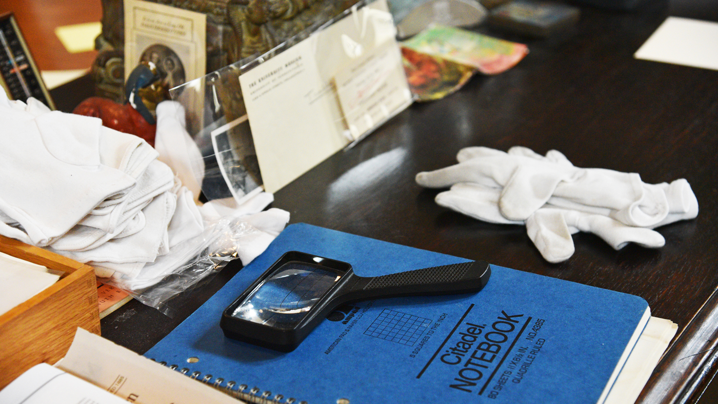 Materials on a desk in the archives.