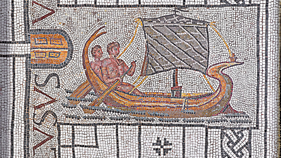 A mosaic of two people in a sailing ship.