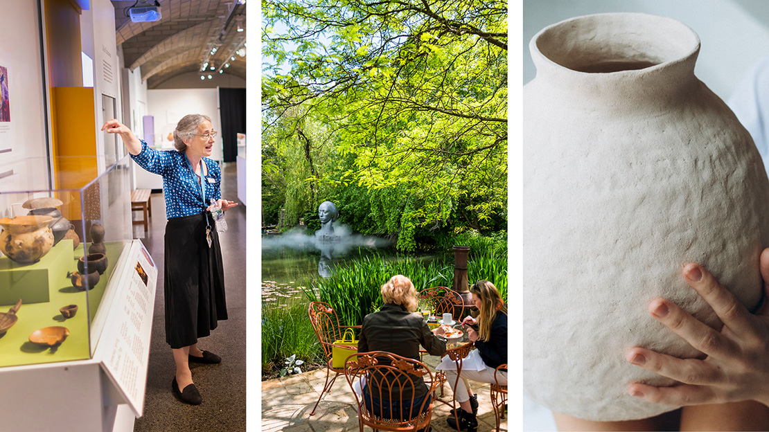 Three photos put together: one of a tour, one of people eating in a garden, and one of someone holding a clay pot
