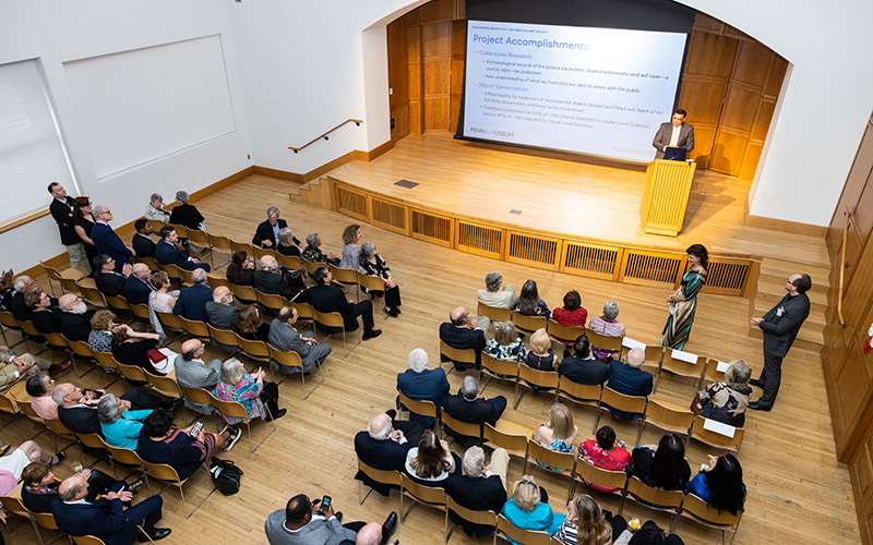 Overhead shot of the 2023 Leadership Dinner presentation.