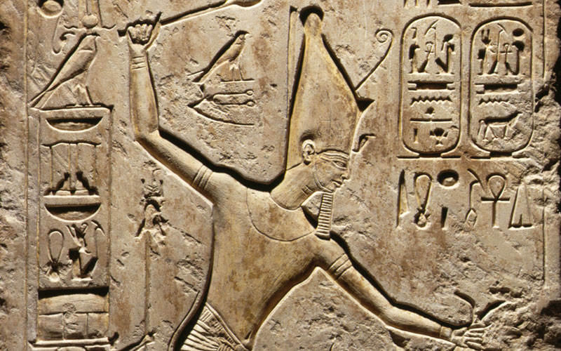 Section of a stela showing an Egyptian Pharaoh.