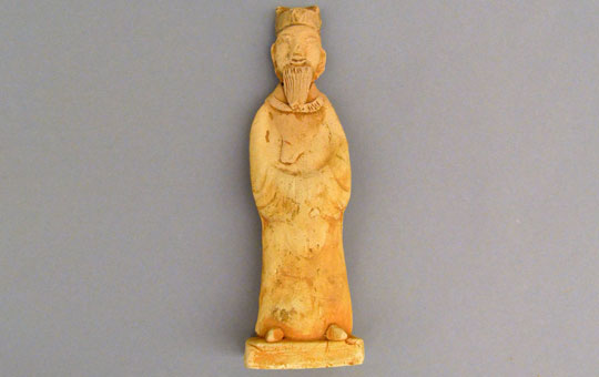 Unglazed standing Daoist figure with beard, possible 土地公 the Earth king.