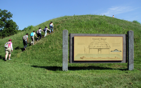 A group of people ascending the Emerald Mound.