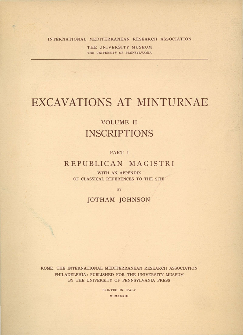 Excavations at Minturnae, vol. 2, Part 1
