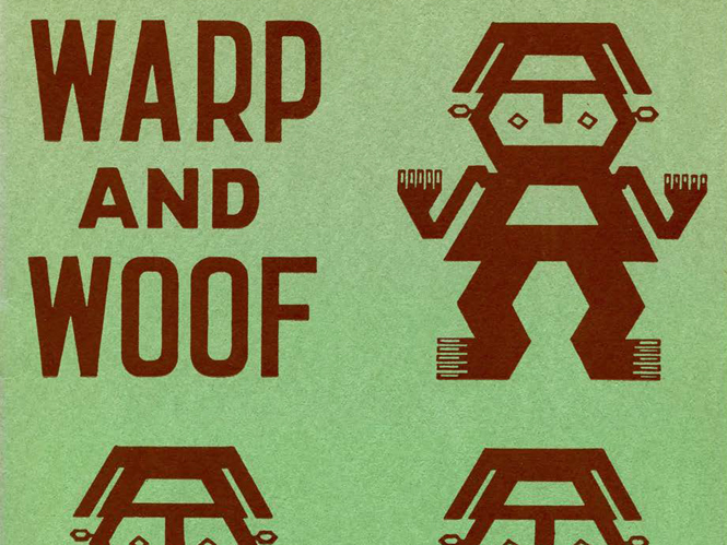 Warp and Woof catalogue cover depicting a repeated pattern of a figure found on fabric in the collection.