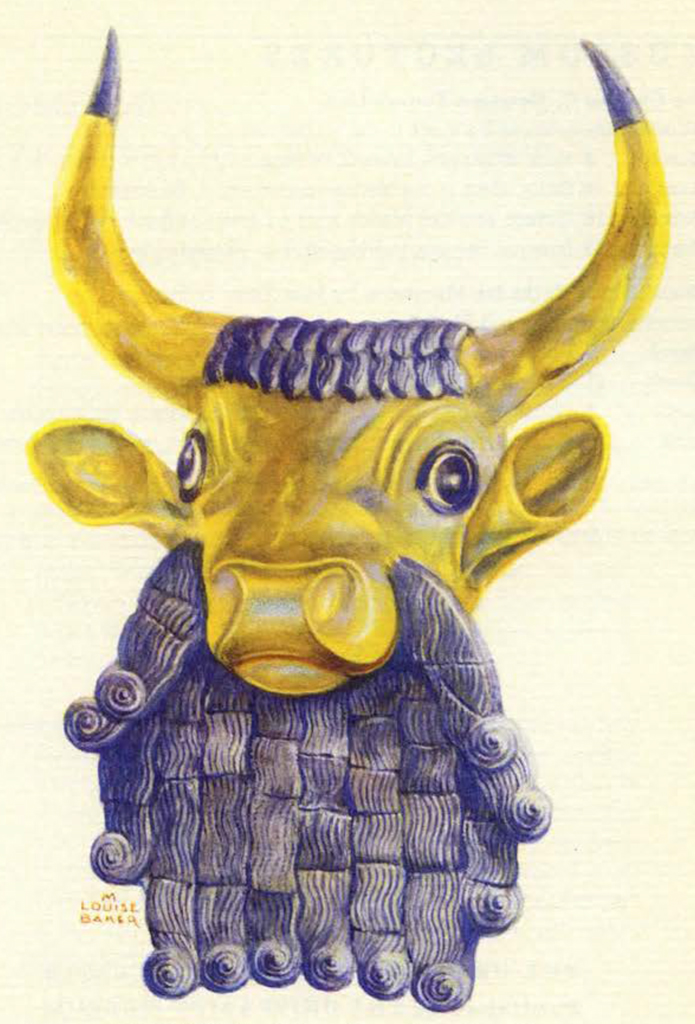 Part of a lyre in the shape of a bull's head made of gold and lapis