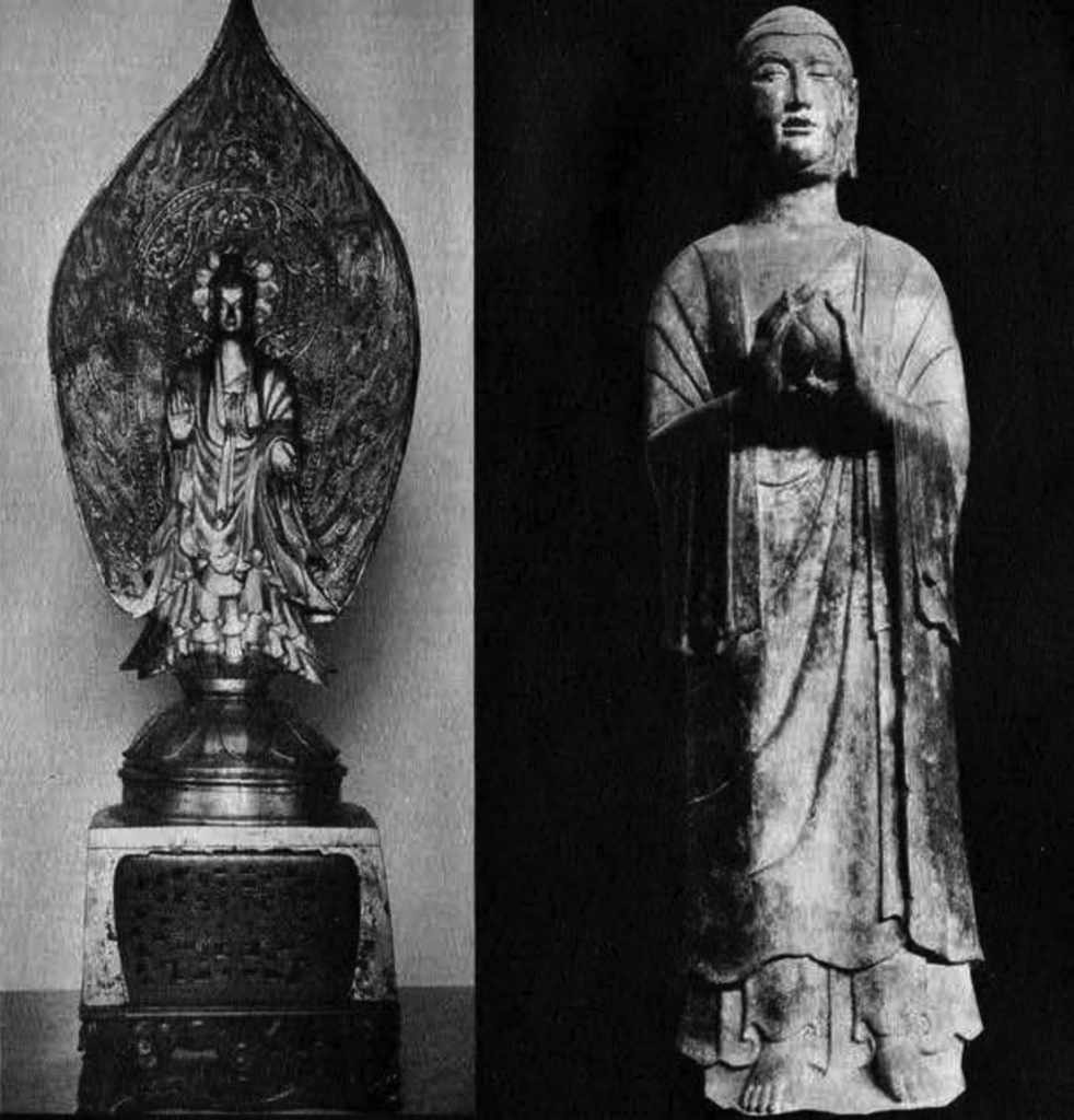Gilt bronze statue of Maitreya with a lotus halo behind, stone statue of Pratyekabuddha with hands in lotus bud position