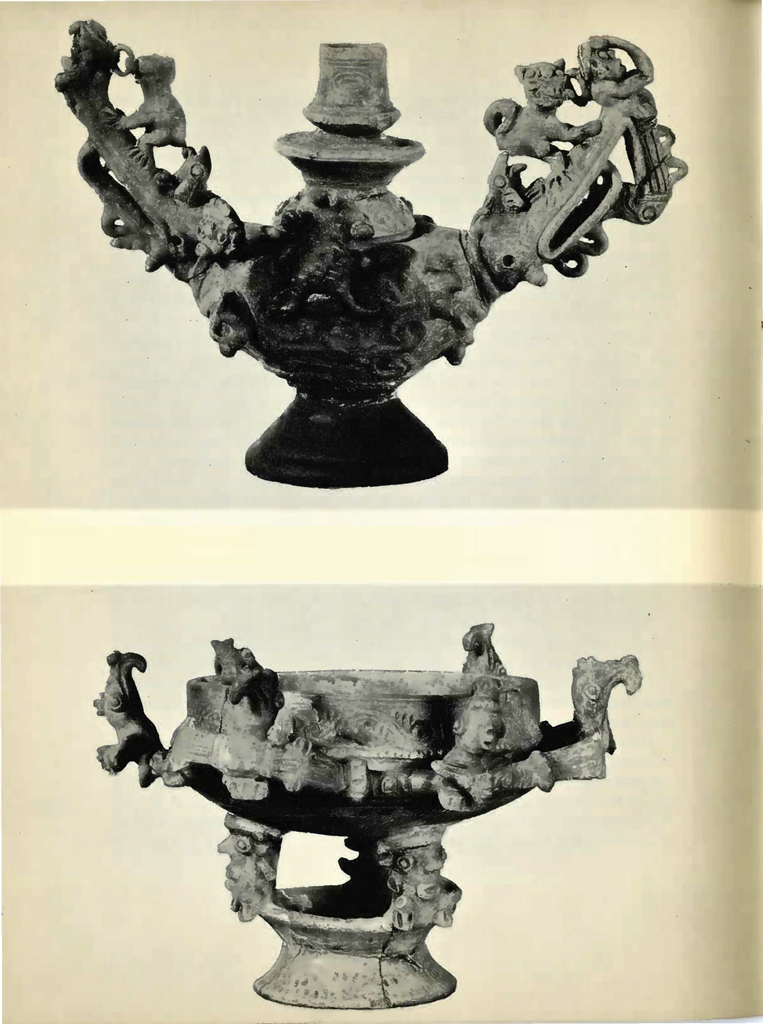 Two ornate vessels in high relief decorated with a variety of animals