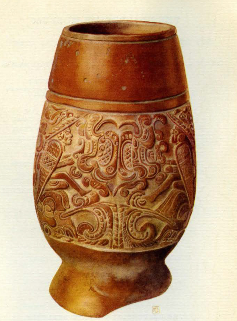 Orange vase with decoration showing the Maya god of the underworld in a band around the body