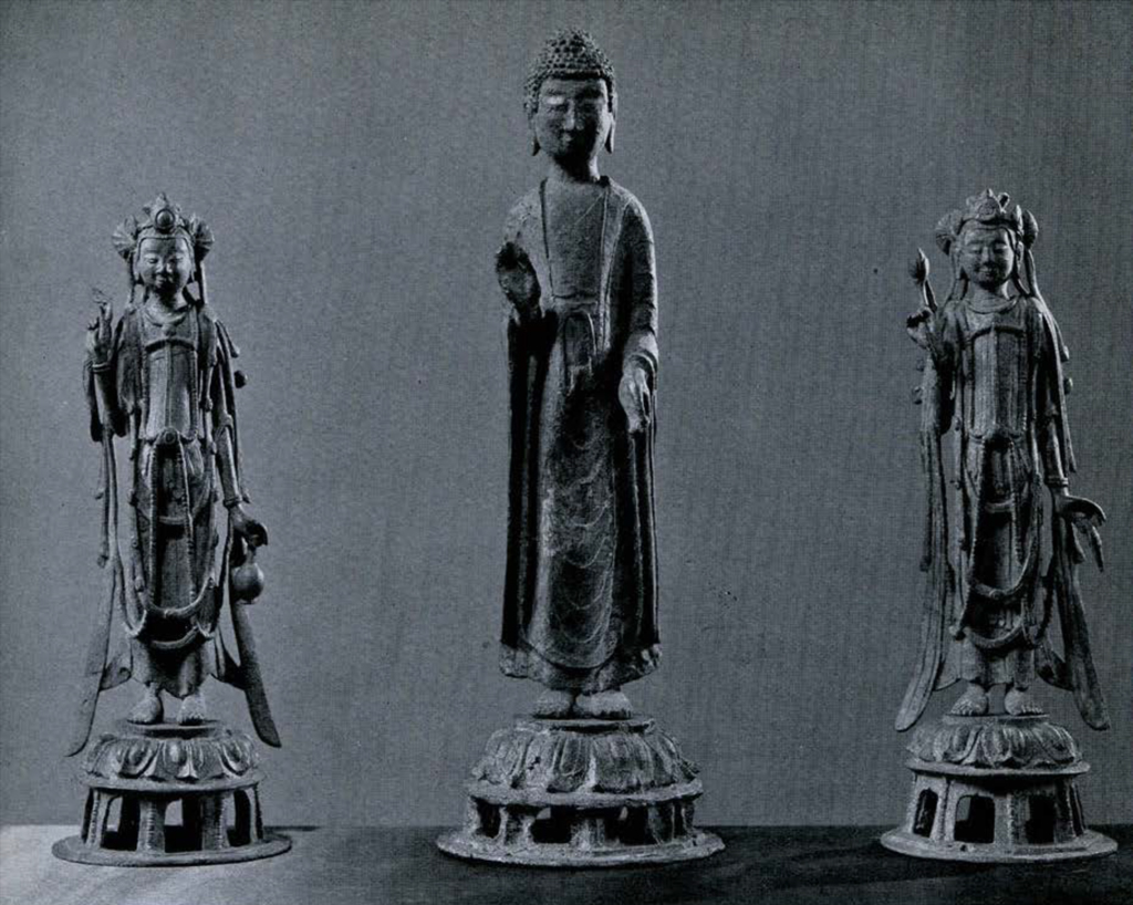 Bronze altar group comprised of the Amitabha and two Bodhisattvas, all with right hand raised, all on lotus pedestals