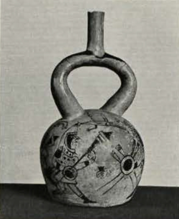 Stirrup spouted effigy vessel with a round painted vase depicting four warriors