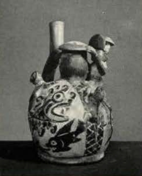 Stirrup spouted effigy vessel with painted body and a man and a lizard decorating the neck