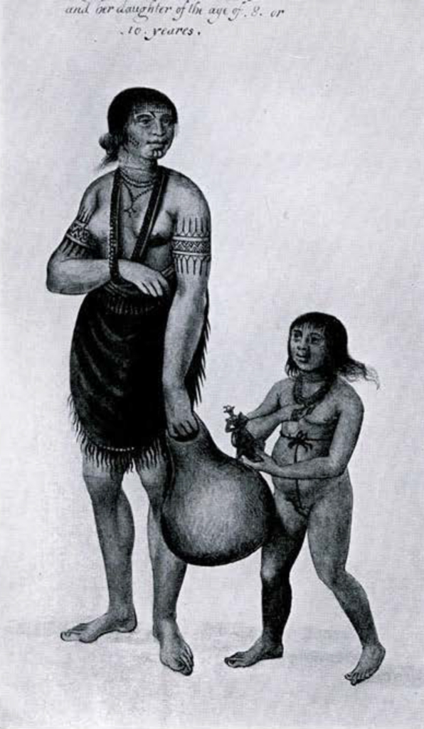 Drawing of a woman and child, the woman holds a jug