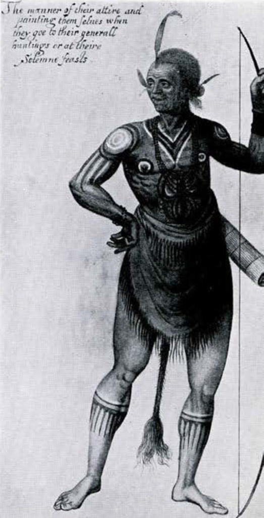 Drawing of a man with painted legs, torso, and arms