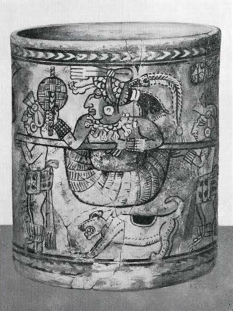 Polychrome painted cup showing a figure being carried in a litter