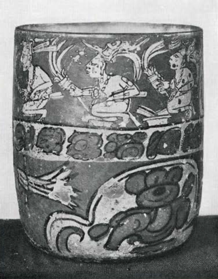 Painted polychrome Chama cup decorated with three registers, top a patter of squatting figures, middle of glyphs, bottom of stylized animals
