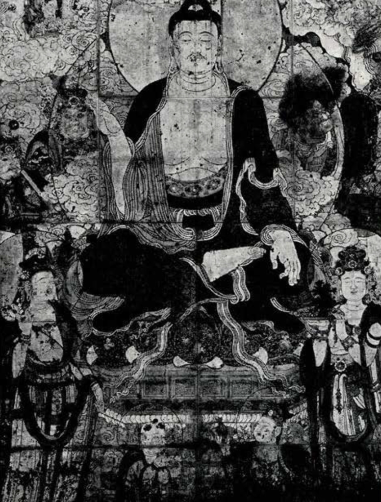Part of a mural depicting the medicine Buddha seated on a pedestal surrounded by attendants and clouds