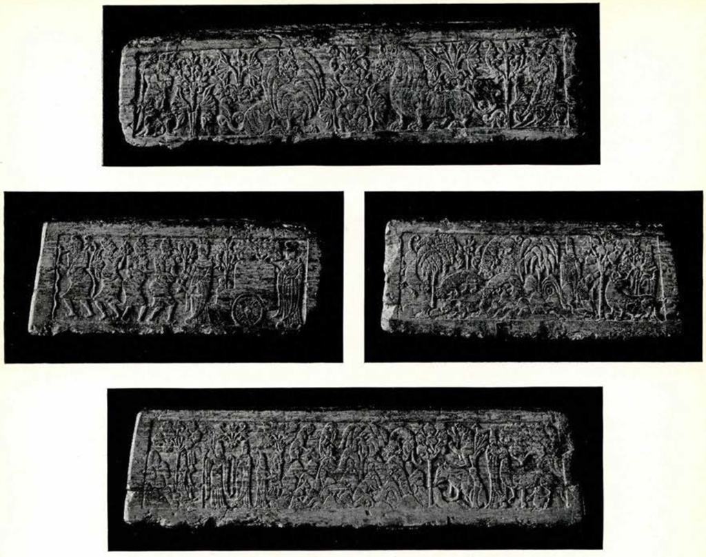 The four faces of a stone stela base with scenes from the Jataka Tales carved into it
