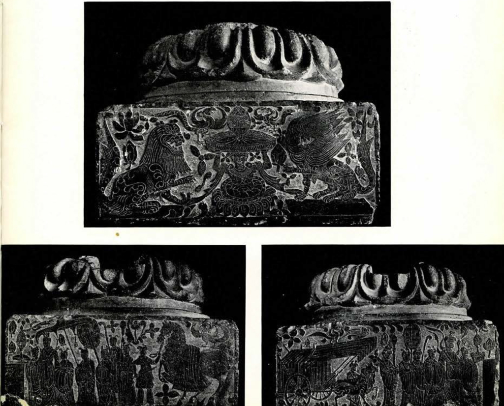 Three sides of a square statue base with scenes carved in low relief, on top of the base is an inverted lotus pedestal