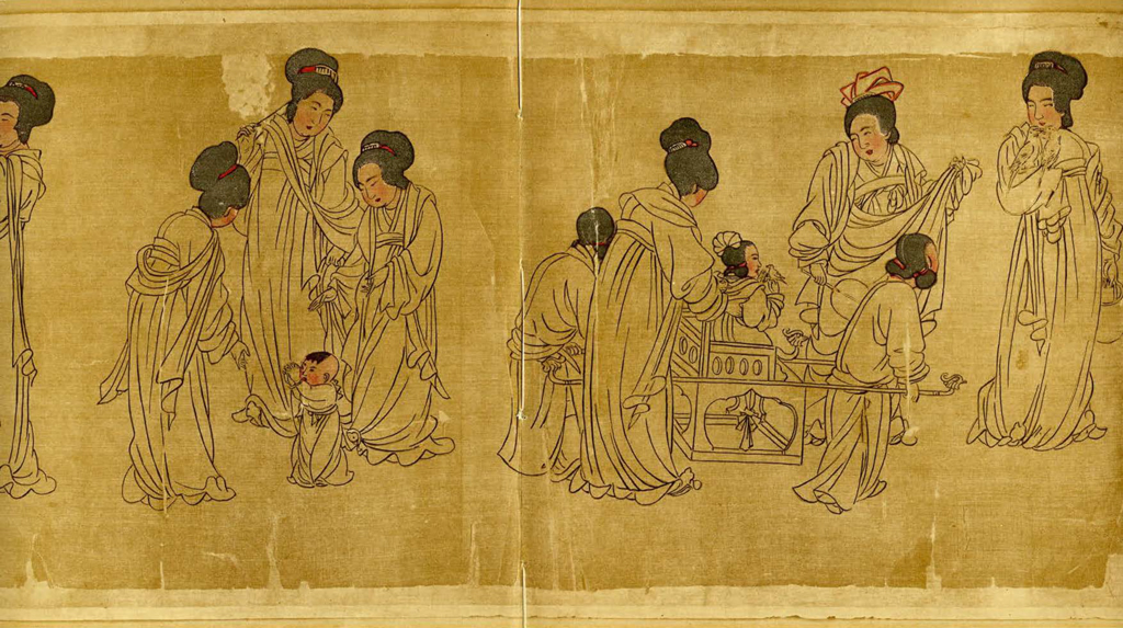 Painted scroll showing ladies caring for children