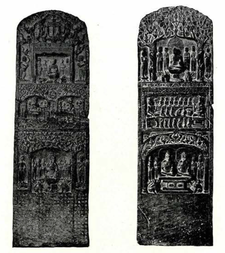 Obverse and reverse of a stela, each side with three registers showing the Buddha and bodhisattvas