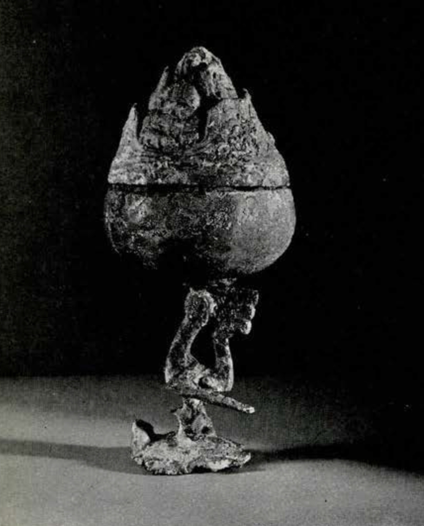 Bronze incense burner, base in the shape of a phoenix standing on a tortoise, lid in the shape of hills