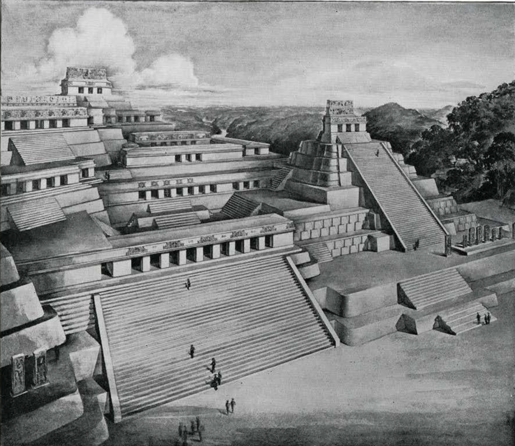 Drawing of a restoration of an acropolis, massive stairs and pyramids fill the scene