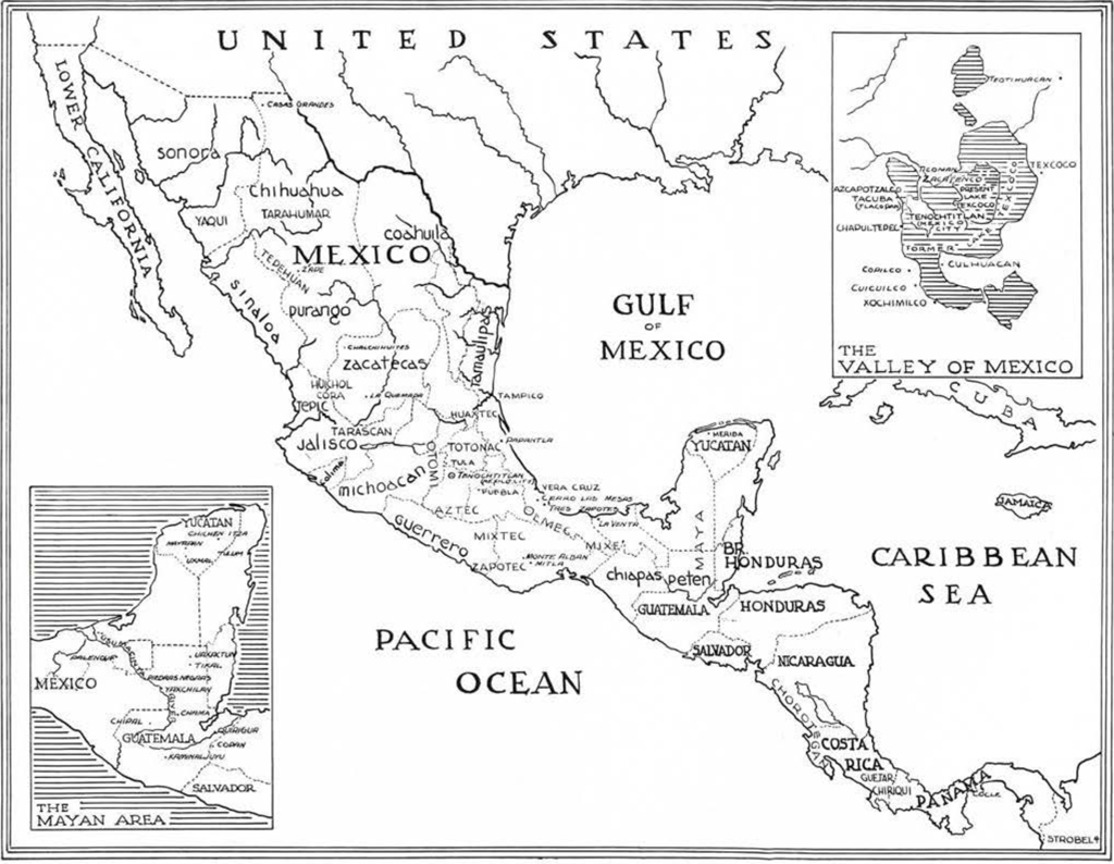 A drawn map of Mexico and Central American countries