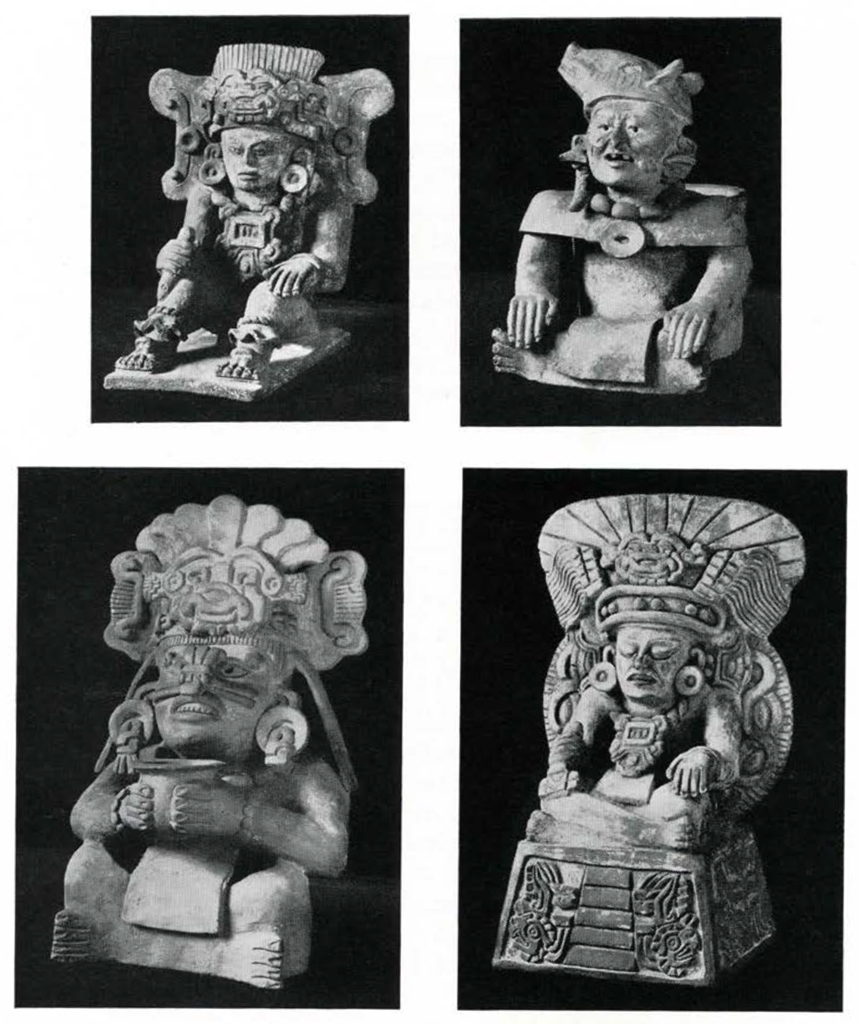 Four effigy vessels, all seated figures wearing headpieces