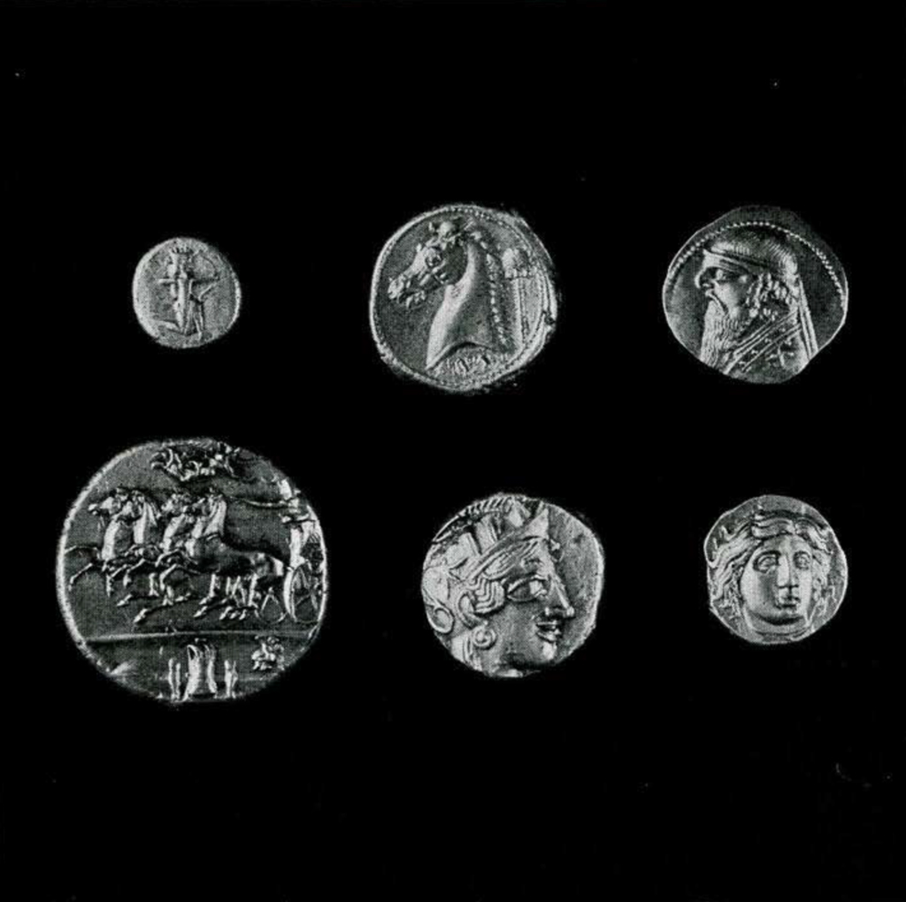 Six coins from around the Mediterranean, depicting horses or faces