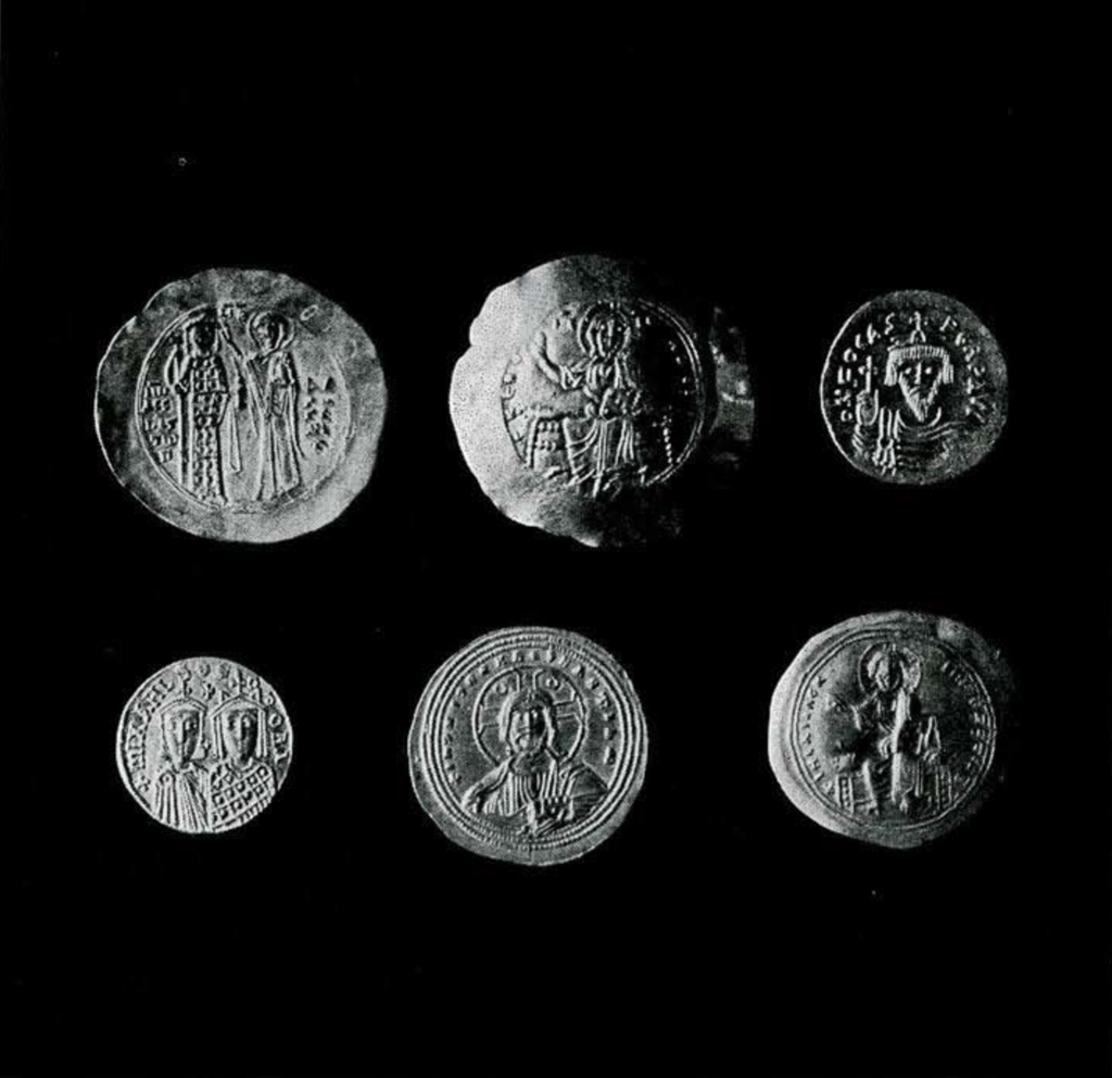 Six coins depicting Byzantine figures