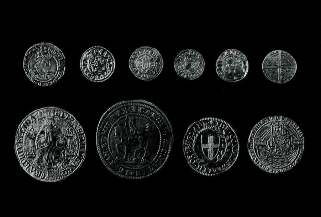 Ten English coins depicting rulers of England