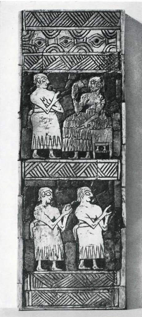 Shell inlay from a harp, two registers, top two seated figures, bottom two standing figures