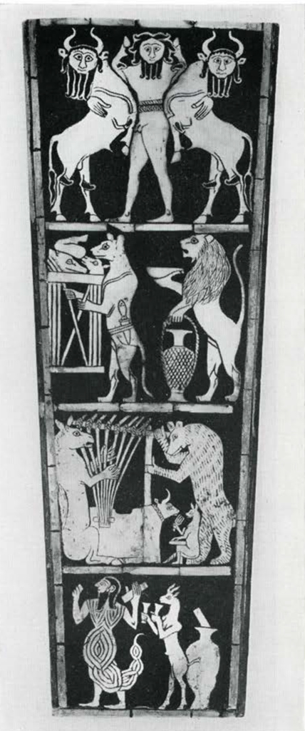 Shell inlay from lyre, four registers each showing a scene of animals standing on hind legs, engaged in activity