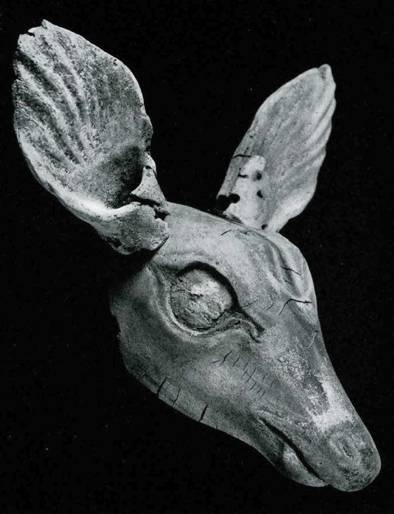Highly finished and life-like figure head of deer with ear pieces accompanying.