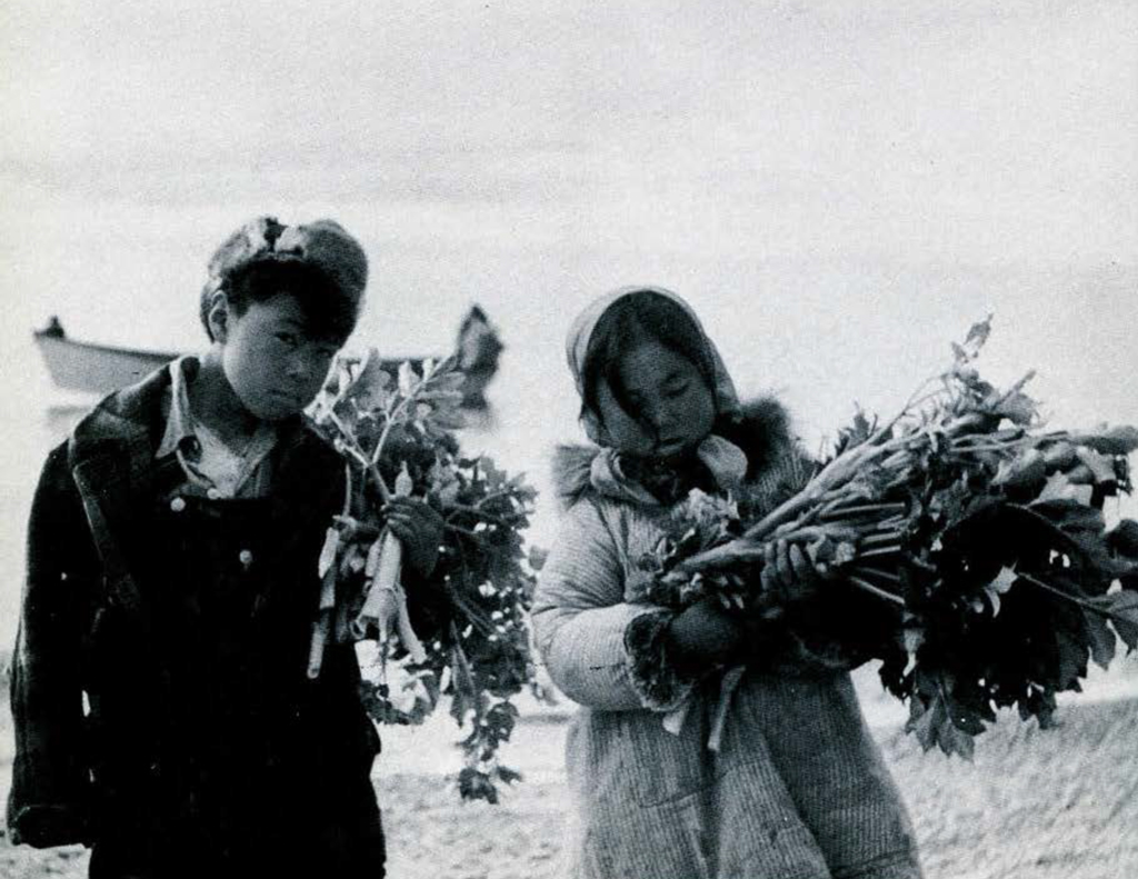 Two children holding large bundles of wild celery.