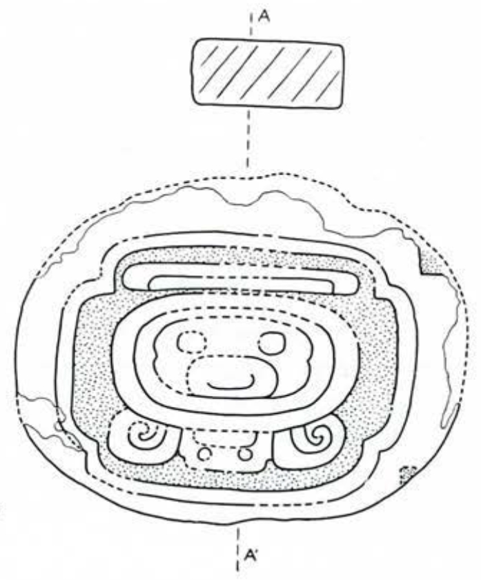 Drawing of giant glyph carved into Altar 1, and its location in relation to Stela 1.
